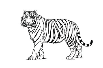 Black and White Tiger Illustration Standing Sideways with Stripes for Stock Image Library