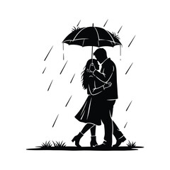 Couple Sharing Umbrella In Rain Illustration