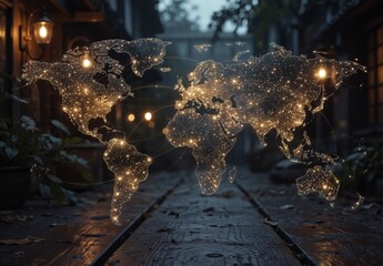 global network connection with illuminated world map over rustic wooden planks at dusk.