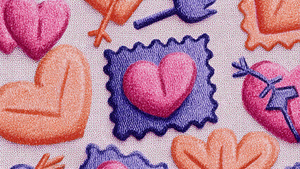 Textured crayon-style hearts in pink, orange, and purple with stamp and arrow motifs on grid paper background