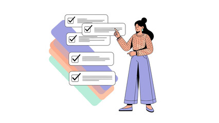 Illustration of a woman managing tasks with checklists and digital devices for organization