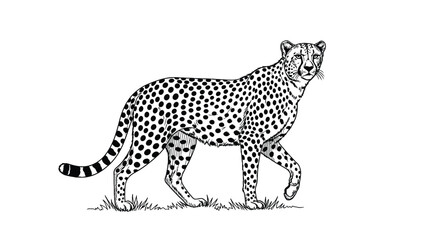 Elegant black and white cheetah illustration shows a graceful big cat in mid-step across a tufted grass setting, perfect for wildlife, nature, or safari-themed stock projects. © SHAMIM