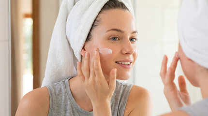 Young woman applying cream to her face while looking in mirror  