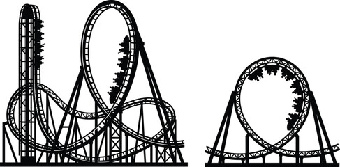 Roller coaster silhouette, thrilling amusement park ride, extreme loop design, high speed track, adrenaline concept, entertainment attraction, modern engineering, black outline illustration