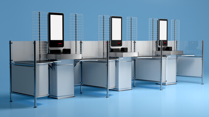 Self-service checkout counters on blue background. 3d illustration