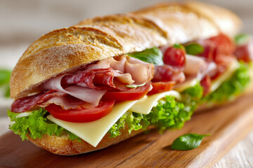 Obraz premium Freshly made sub sandwich with layers of sliced deli meats, cheese, tomatoes, and leafy lettuce on a crusty baguette resting on a wooden board