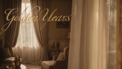 Elegant Living Room with Golden Curtains and Soft Natural Light.