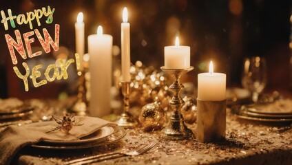 Elegant New Years Eve Dinner Table Setting with Candles.