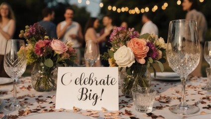 Elegant Outdoor Celebration - Table Setting with Flowers and Guests.