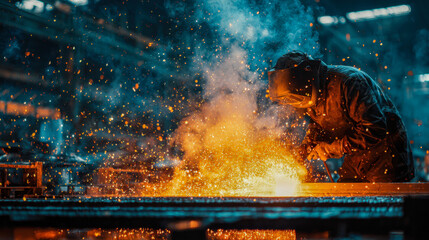 Skilled worker in protective gear welding metal with bright sparks flying in an industrial workshop filled with atmospheric smoke and dynamic lighting effects