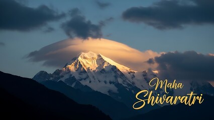 Snowy mountain peak with clouds and Maha Shivaratri text