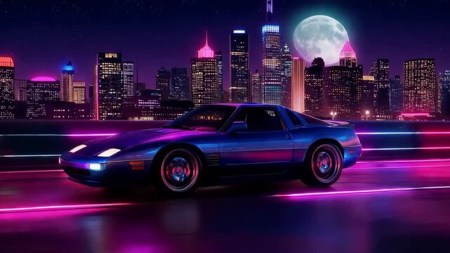 A retro sports car driving on a neon highway at night. Stylized 80s synthwave animation with a futuristic city skyline and moon. Retrowave and outrun aesthetic