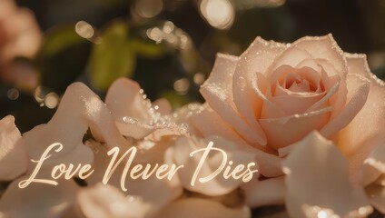 Elegant Peach Rose with Dewdrops and Love Never Dies Text Overlay.
