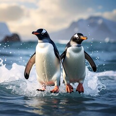 Obraz premium Two penguins walking on water