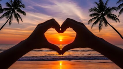 Sunset Hands Heart Shape Beach
