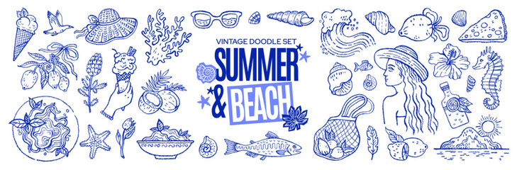Summer doodle Mediterranean icons. Beach vacation food and sea illustration. Mediterranean Italian doodle lemon, sea, sun beach, wine. Hand drawn Italy and Greece vacation. Brush line Amalfi sketch bg