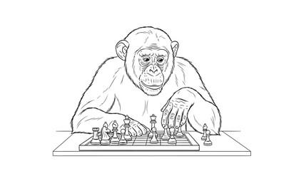 Chimpanzee Plays Chess At Table With Focus And Strategy In A Board Game Scene
