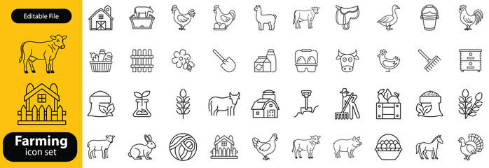 Farming line icon set. Vector pictograms of chicken, eggs incubator, henhouse, feeding equipment, free-range, rooster, agriculture, organic farm thin linear illustration © shuveccha