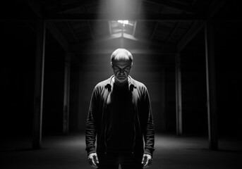 Obraz premium Black‑and‑White Portrait Of A Man Standing Alone Under Dramatic Light In A Dark Abandoned Warehouse Looking Down Somberly