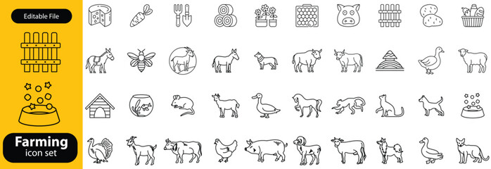 Farming line icon set. Vector pictograms of chicken, eggs incubator, henhouse, feeding equipment, free-range, rooster, agriculture, organic farm thin linear illustration © shuveccha