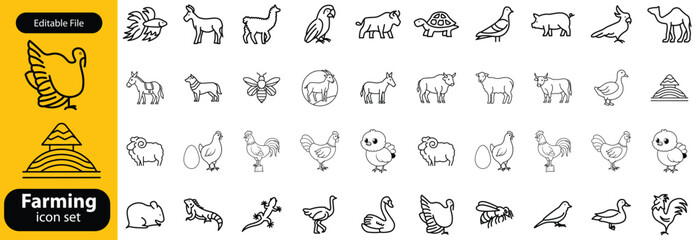 Farming line icon set. Vector pictograms of chicken, eggs incubator, henhouse, feeding equipment, free-range, rooster, agriculture, organic farm thin linear illustration © shuveccha