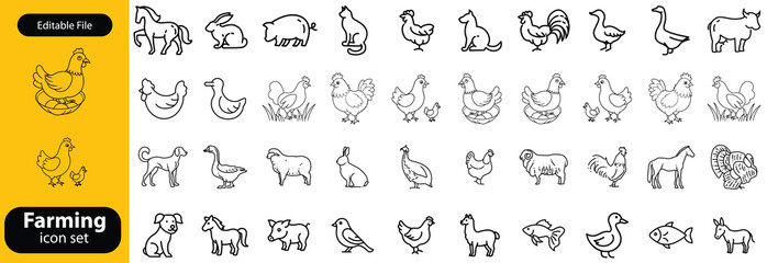 Farming line icon set. Vector pictograms of chicken, eggs incubator, henhouse, feeding equipment, free-range, rooster, agriculture, organic farm thin linear illustration © shuveccha