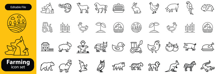 Farming line icon set. Vector pictograms of chicken, eggs incubator, henhouse, feeding equipment, free-range, rooster, agriculture, organic farm thin linear illustration © shuveccha