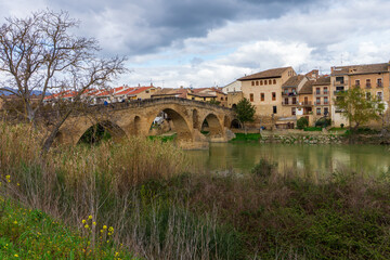 view of the medieval bridge in Puente de la Reina along the Camino de Santiago in Spain
