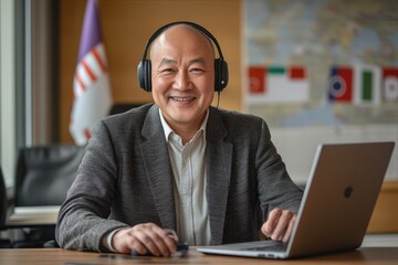 Smiling Asian businessman in headphones working on laptop in modern office