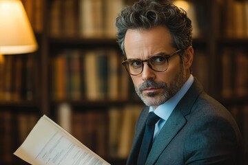 Professional man in glasses reading document in library