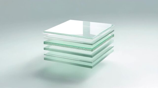 Floating stack of transparent square glass panes with pale green edges on a clean white background