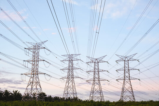 Electricity transmission pylon, high voltage power lines tower