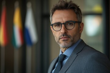 Confident businessman in suit and glasses standing in office with flags