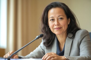 Confident businesswoman speaking at a meeting with a microphone