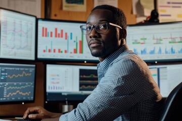 Focused young professional analyzing data on multiple screens in modern office