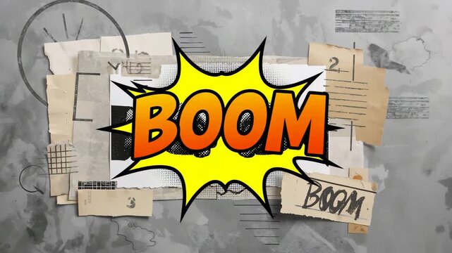 Bold orange BOOM lettering inside a yellow comic burst over a layered collage of paper sketches