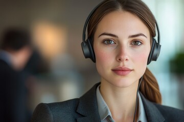 Young professional woman wearing headset in modern office setting
