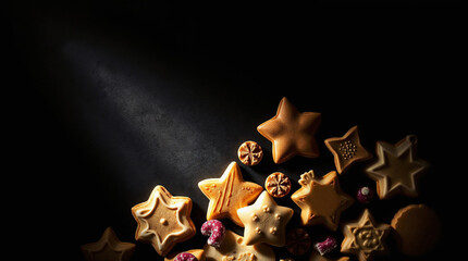 A collection of star-shaped cookies arranged on a dark surface