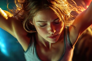 Young woman with closed eyes and arms raised in relaxation