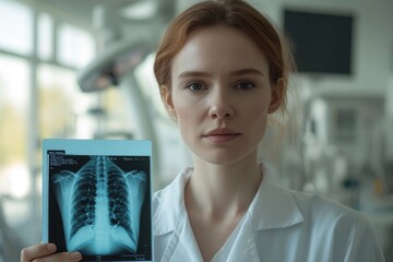 Female doctor holding chest x-ray in modern hospital