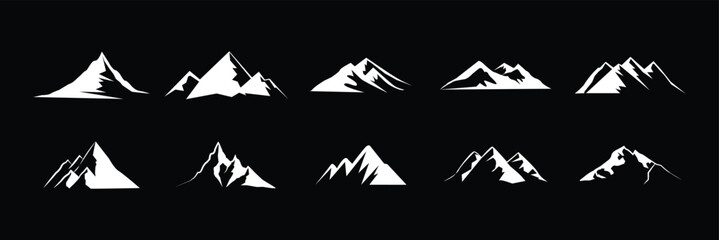 Fototapeta premium Mountain Silhouette Icon Set Black Peak Landscape Nature Vector Collection Isolated on White Background. eps10