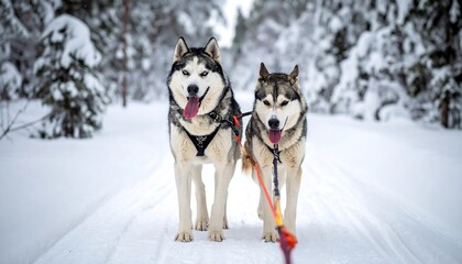 Two huskies in snowy forest trail
