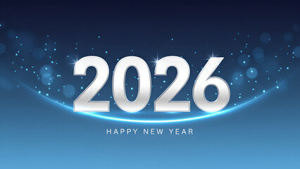 2026 New Year typography — bold white digits with radiant blue glow and wave backdrop

