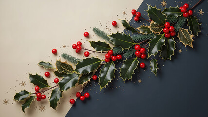 Holly branches with red berries on split background for Christmas  