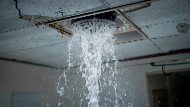 Large stream of water gushing through a broken ceiling vent and pouring into an indoor room