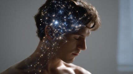 A human brain silhouette double-exposed with neural networks and light particles, illustrating artificial intelligence, machine learning, and cognitive technology innovation. cinematic color