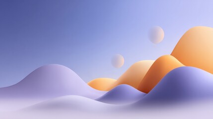 Soft Gradient Landscape with Waves and Floating Bubbles in Pastel Shades of Orange, Purple, and Blue Under a Clear Sky