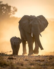 Two elephants walking in golden light (1)
