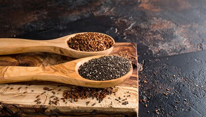 Two wooden spoons holding flax and chia seeds on a wooden board