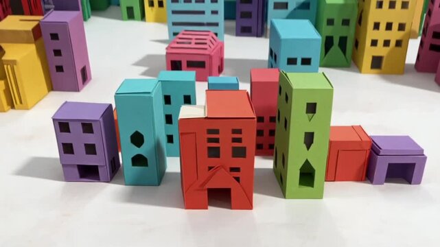 Colorful pop-up paper city skyline rising with moving cars stop motion.
